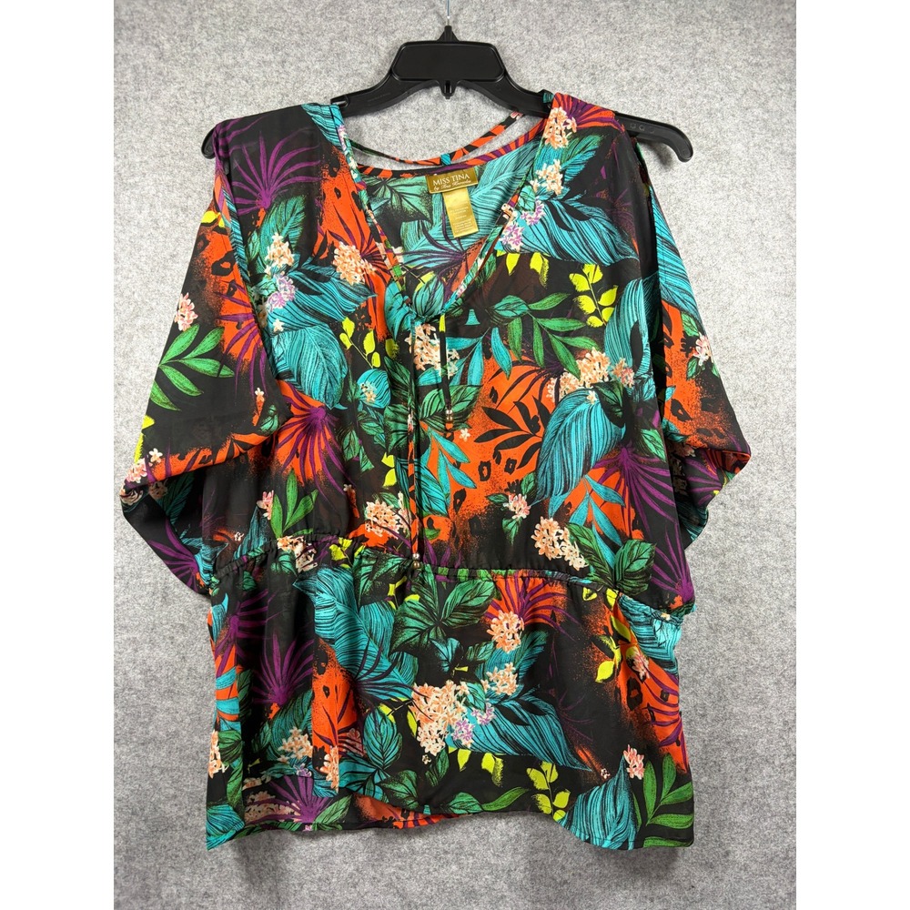 Miss Tina by Tina Knowles Tropical Floral Cold Shoulder Blouse XXL Black Orange